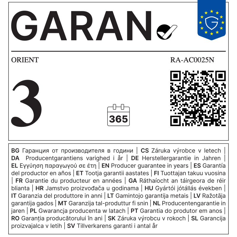 EU GARAN label - ORIENT RA-AC0025N - 3 year producer guarantee of durability