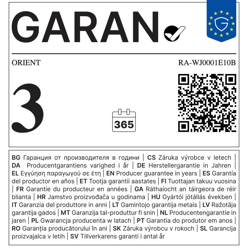 EU GARAN label - ORIENT RA-WJ0001E10B - 3 year producer guarantee of durability